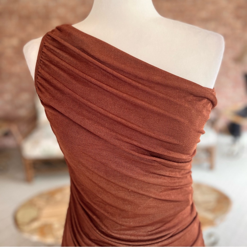 Mable Bodycon Dress Ruched One Shoulder S Asymmetrical Rust Glam Cocktail Party - Picture 4 of 15